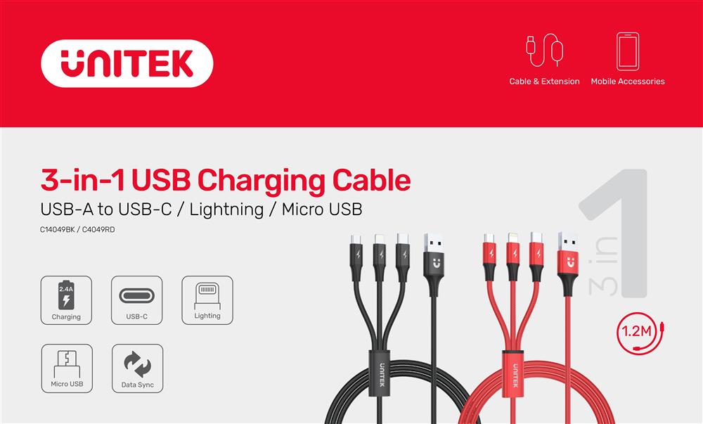 UNITEK 1.2m USB 3-in-1 Charge Cable. Integrated USB-A to Micro-B,