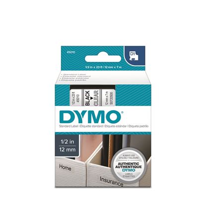 Picture of DYMO Genuine D1 Label Cassette Tape 12mm x 7M,  Black on Clear.
