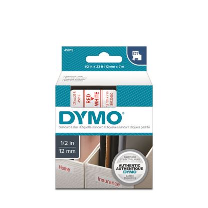 Picture of DYMO Genuine D1 Label Cassette Tape 12mm x 7M, Red on White.