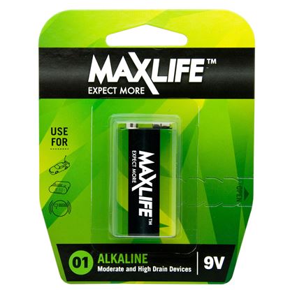 Picture of MAXLIFE 9V Alkaline Battery 1 Pack Long Lasting Alkaline Formula.
