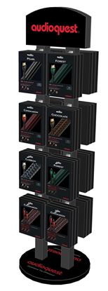 Picture of AUDIOQUEST Stand alone double sided display rack with logo.