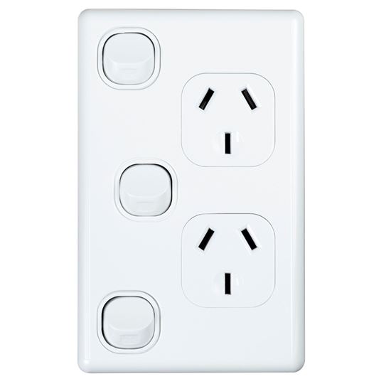 Picture of TRADESAVE Double 10A Vertical Power Point with Extra 16A Switch.