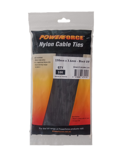 Picture of POWERFORCE Cable Tie Black UV 150mm x 3.6mm Weather Resistant Nylon.