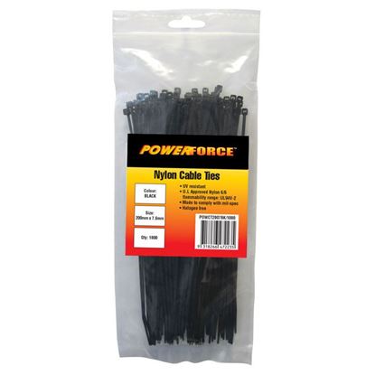Picture of POWERFORCE Cable Tie Black UV 200mm x 7.6mm Weather Resistant Nylon.