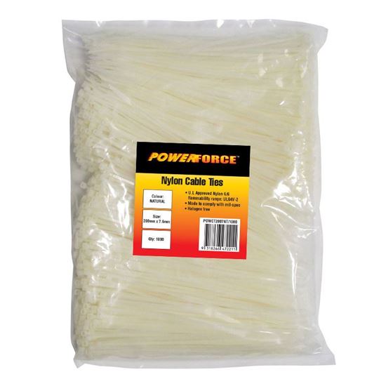 Picture of POWERFORCE Cable Tie Natural 200mm x 7.6mm Nylon Pack of 1000.