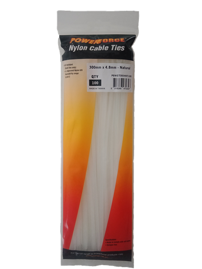Picture of POWERFORCE Cable Tie Natural 300mm x 4.8mm Nylon Pack of 100.
