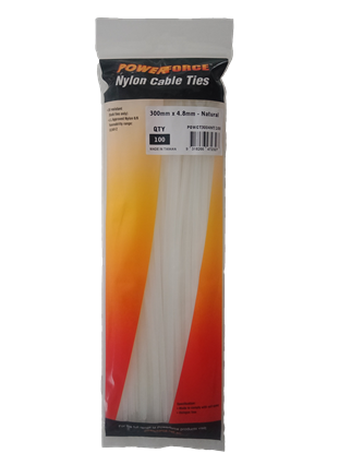 Picture of POWERFORCE Cable Tie Natural 300mm x 4.8mm Nylon Pack of 100.