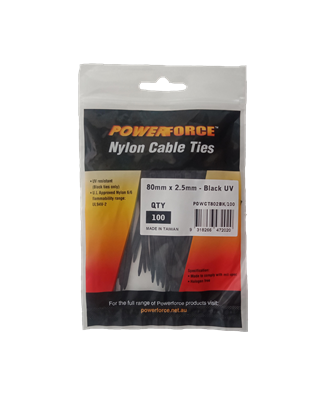 Picture of POWERFORCE Cable Tie Black UV 80mm x 2.5mm Weather Resistant Nylon.