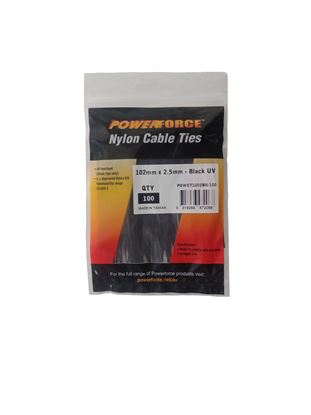 Picture of POWERFORCE Cable Tie Black UV 102mm x 2.5mm Weather Resistant Nylon.