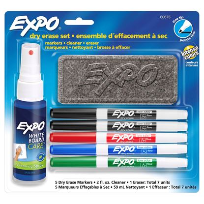 Picture of EXPO Dry Erase Markers with Fine Point Tips, Cleaning Spray & Eraser