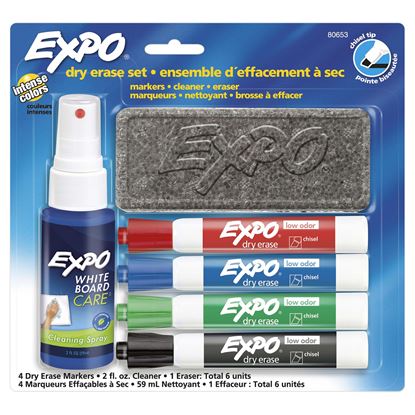 Picture of EXPO Dry Erase Markers Chisel Tip with Cleaning Spray & Eraser