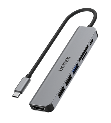 Picture of UNITEK 7-in-1 Multi-Port Hub with USB-C Connector. Includes 3x USB-A