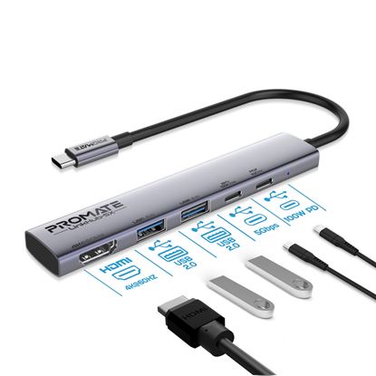 Picture of PROMATE 5-in-1 Multi-Port 100W PD Compact Hub with USB-C Connector.