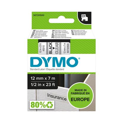 Picture of DYMO Genuine D1 Label Cassette Tape 12mm x 7M,  Black on Clear.