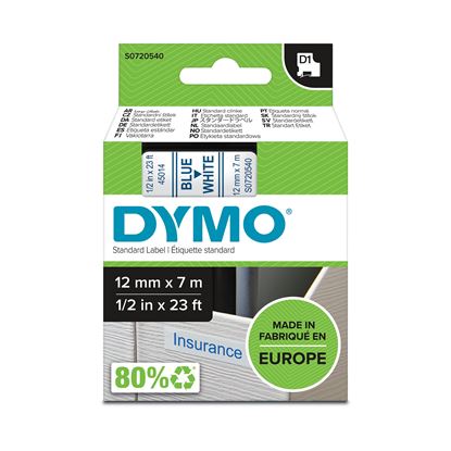 Picture of DYMO Genuine D1 Label Cassette Tape 12mm x 7M, Blue on White.