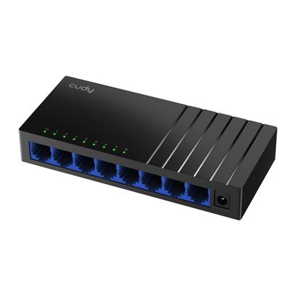 Picture of CUDY 8-Port Gigabit Unmanaged Desktop Switch in Plastic Case.