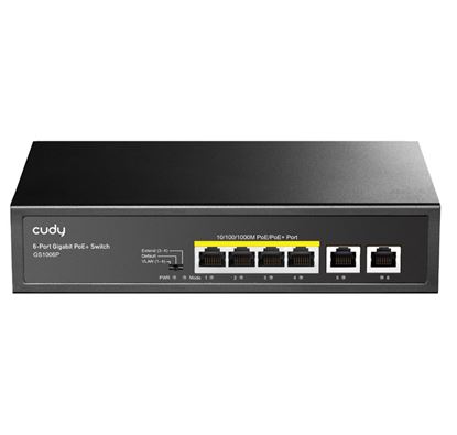 Picture of CUDY 6-Port Gigabit Unmanaged PoE+ 65W Desktop Switch in Metal Case.